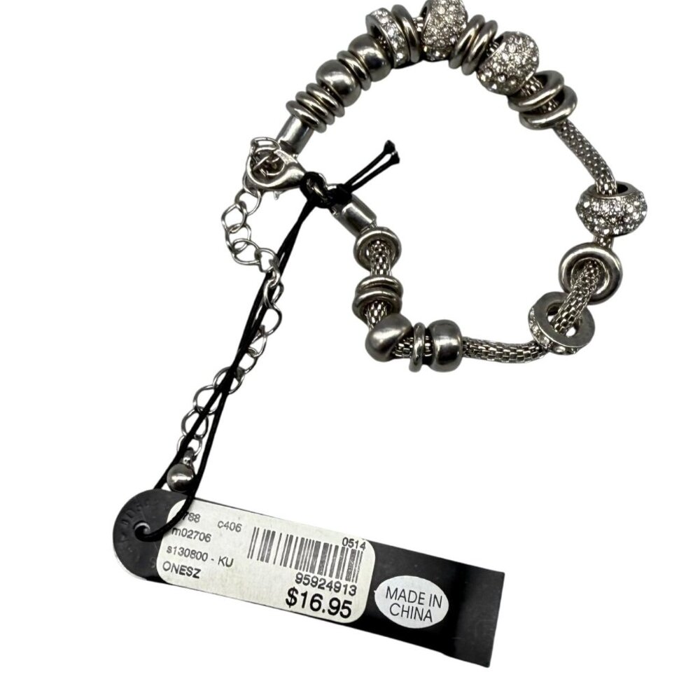 Silver Charm Bracelet With Rhinestone Accents & Adjustable Chain Closure